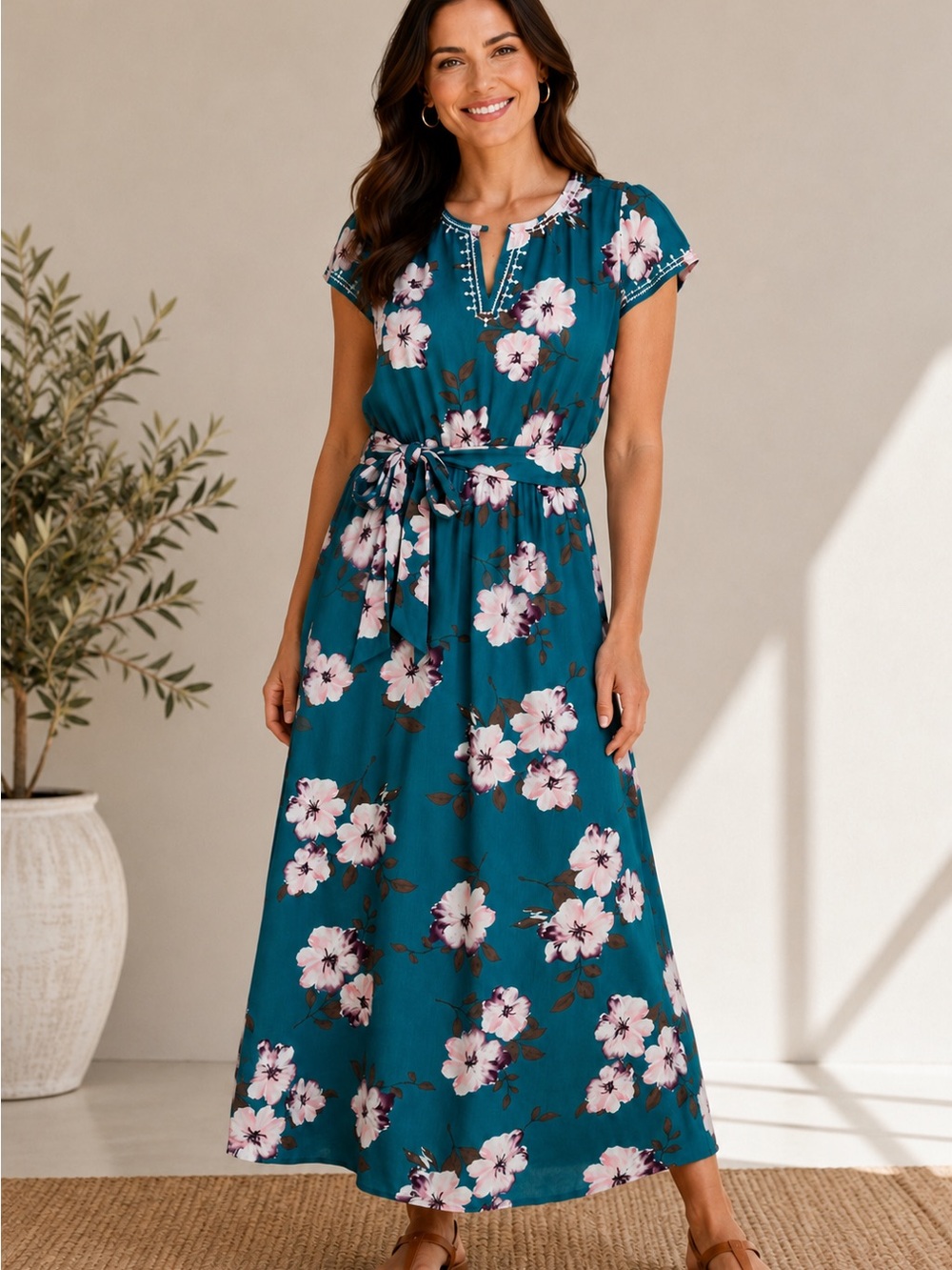 Market & Spruce Teal Floral Tie-Waist Maxi Dress